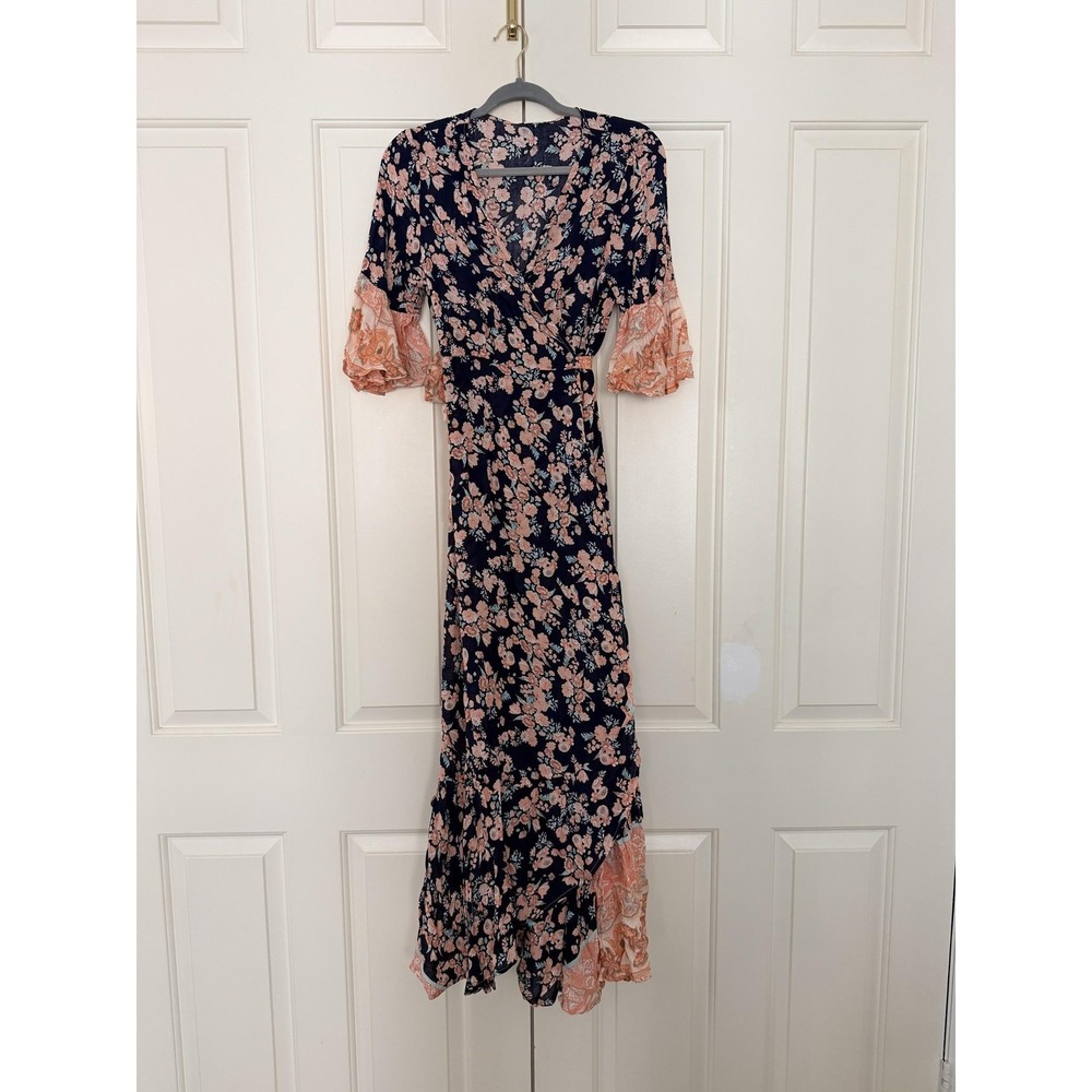 Selfie Leslie Dress Womens Large Navy Floral Wrap Maxi Bell Sleeve Ruffle Boho